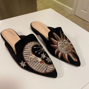 Witchy black faux suede sun moon embroidered pointy toe flat mules